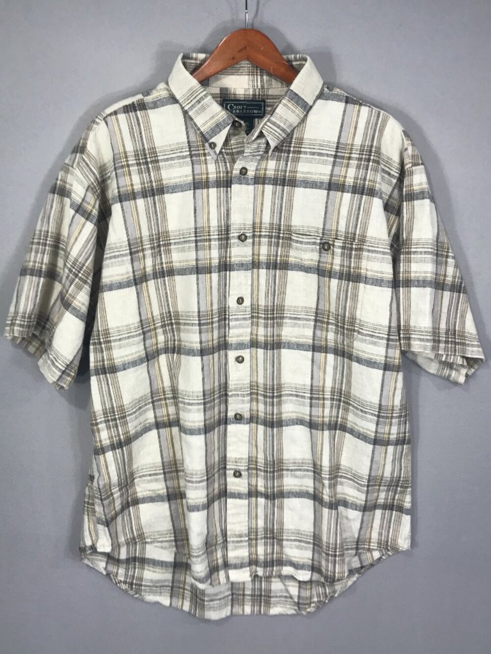 Croft & Barrow Shirt Men’s Large Beige Plaid Button Down SS Linen Blend Vintage